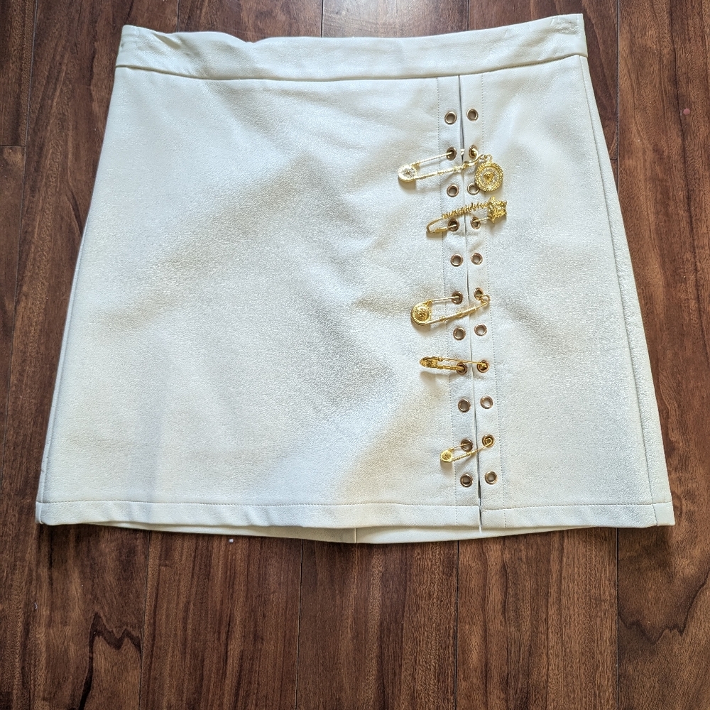 Cream Faux Leather Mini Skirtwith Gold Safety Pins
